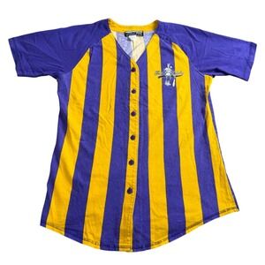 Fido Dido Baseball Jersey Women Medium Vintage 90s Y2K Purple Yellow Striped USA
